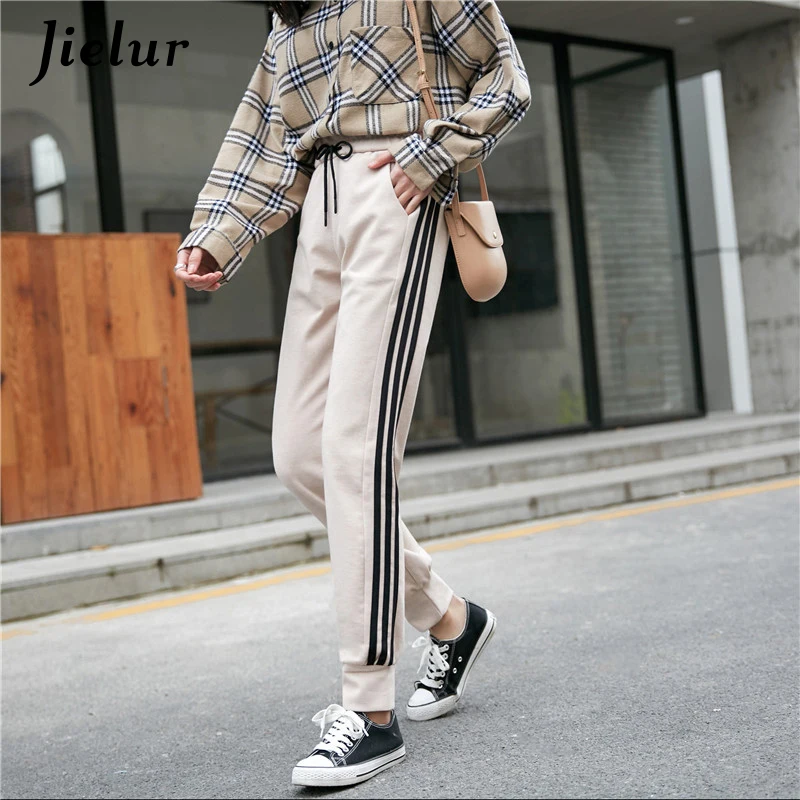 

Jielur High Waist Pants 2019 New Autumn Women Pants Stripe Harajuku Slim Black Trousers M-XXL Pantalon Femme Elastic Waist