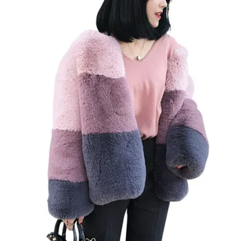 

Women Autumn&Winter Fashion Casual All-match Faux Fur Coat Color Stitching Long Sleeves Warm Coat Jacket