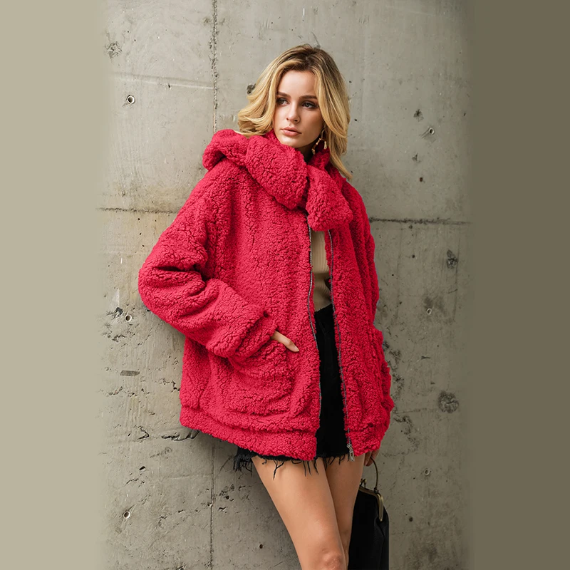 Faux Fur Collar Detachable Loose Plush Jacket Plush Zipper Solid Color Women Outwear Winter Fashion Design Loose Streetwear Coat