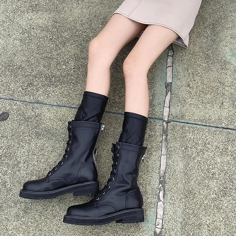 

Zipper Boots Stockings Low Heels booties Rock Shoes Woman Luxury Designer Lace Up Booties Ladies Round Toe Sock Military