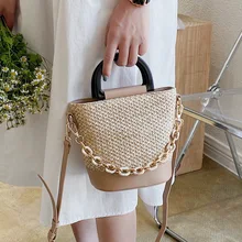 Fashion Straw Pu Splicing Straw Bucket Bags for Women Design Beach Small Shoulder Bag Lady Travel Women's Handbags Crossbody Bag
