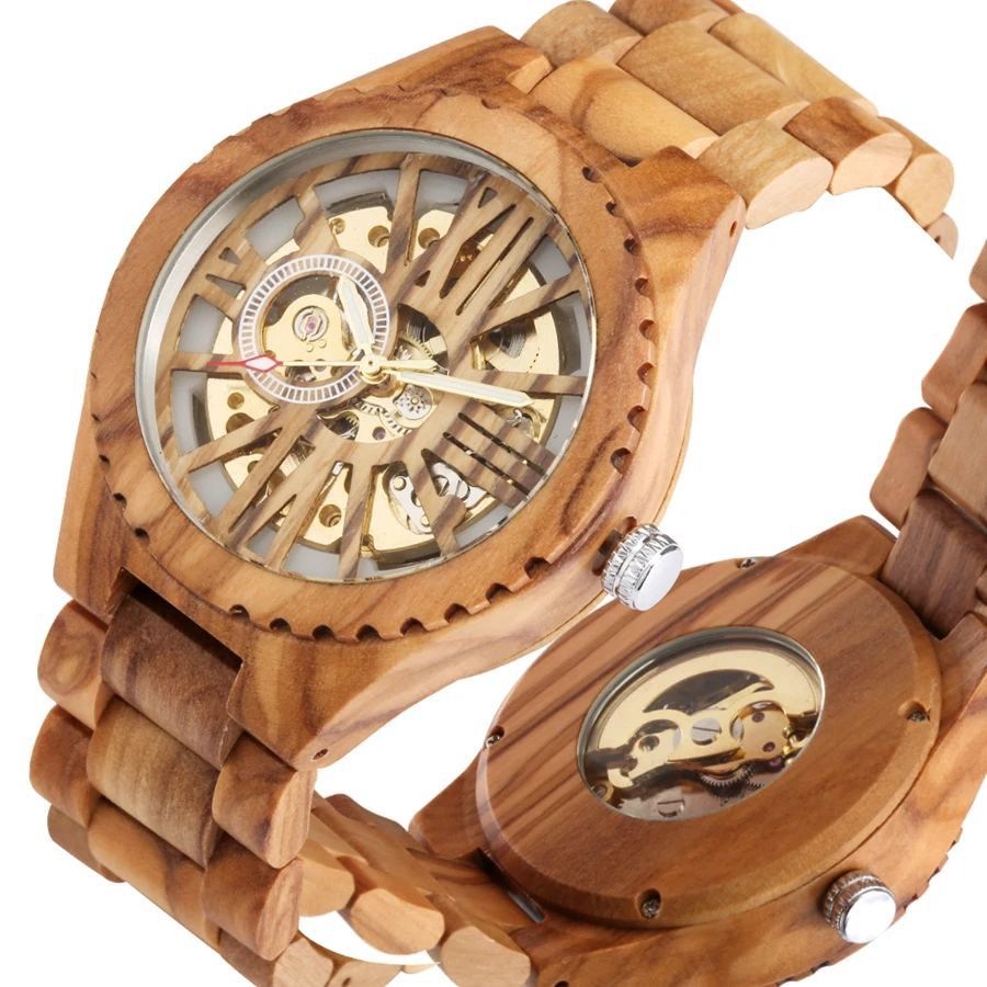 Cherry Wood Mens Watches Retro Hollow Skeleton Dial Automatic Mechanical Wood Clock Adjustable Wooden Bracelet Mens Wristwatch_voghion.com