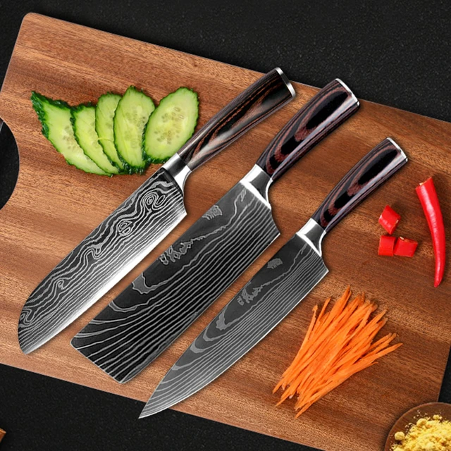 Kitchen Knife Set Damascus Pattern Stainless Steel Meat Cleaver 3PCS Chef  Knife