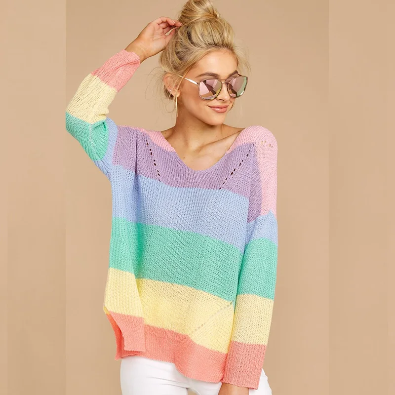 

ALLNeon Rainbow Sweater for Women Hollow out V-Neck Long Sleeve Slit Hem Oversized Sweater Autumn Winter Knitted Pullover Femme