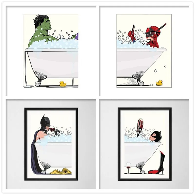 Superhero take a bath Canvas Painting Marvel Anime Spiderman Hulk Toilet Bathroom Poster Print Funny Wall Art Picture Home Decor | Дом и сад