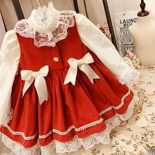 Платье для малышей; белое кружевное красное лоскутное праздничное платье принцессы с длинными рукавами