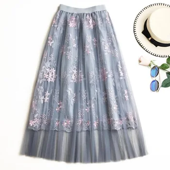 

Blue Floral Embroidery Long Tulle Skirt Women Tutu Maxi Skirts Korean Summer Female Lady Elegant High Waist Pleated Mesh Skirt