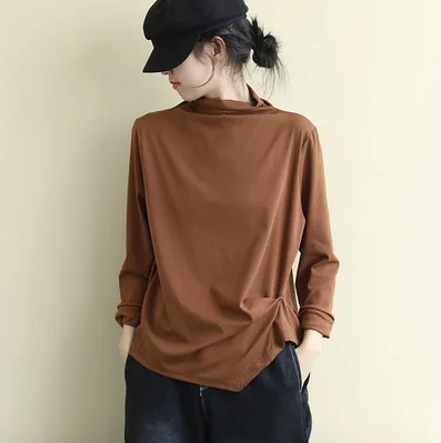 QPFJQD Spring Autumn Womens Cotton T Shirt Literary Long Sleeve Turtleneck Top Tees Ladies Warm Keep Shirt Mori Girls Tshirts - Цвет: Оранжевый