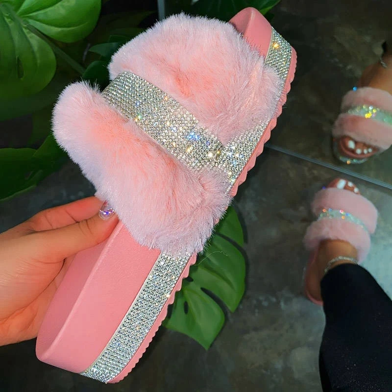 2020 Bling Women's Plush Slippers Fur Slides Rhinestones Outdoor Flat Women Platform Sandals Stylish Casual Shoes Plus Size 43