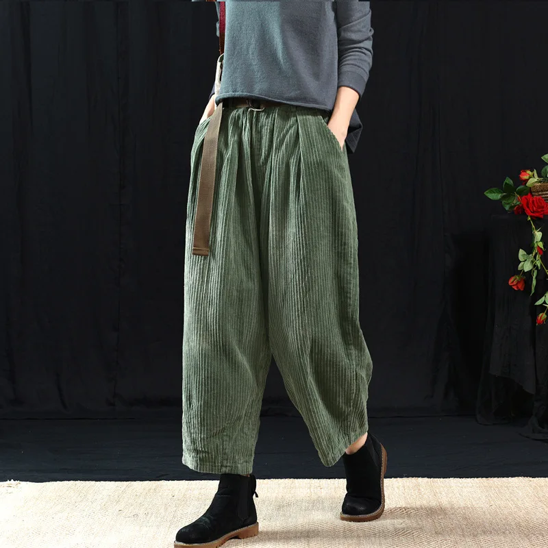 Women Corduory Pants Big Size 2019 Autumn Winter Elastic Waist Solid ...