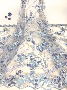 

Latest fashion blue flower embroidery tulle mesh material French net lace fabric for dress PAN66(5yards/lot)