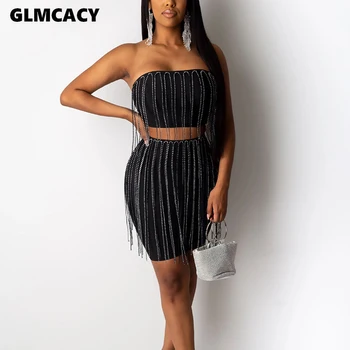

Women Two Piece Dress Tassels Tube Top and Mini Dress Set Sexy Party Club Outfits Summer Streetwear