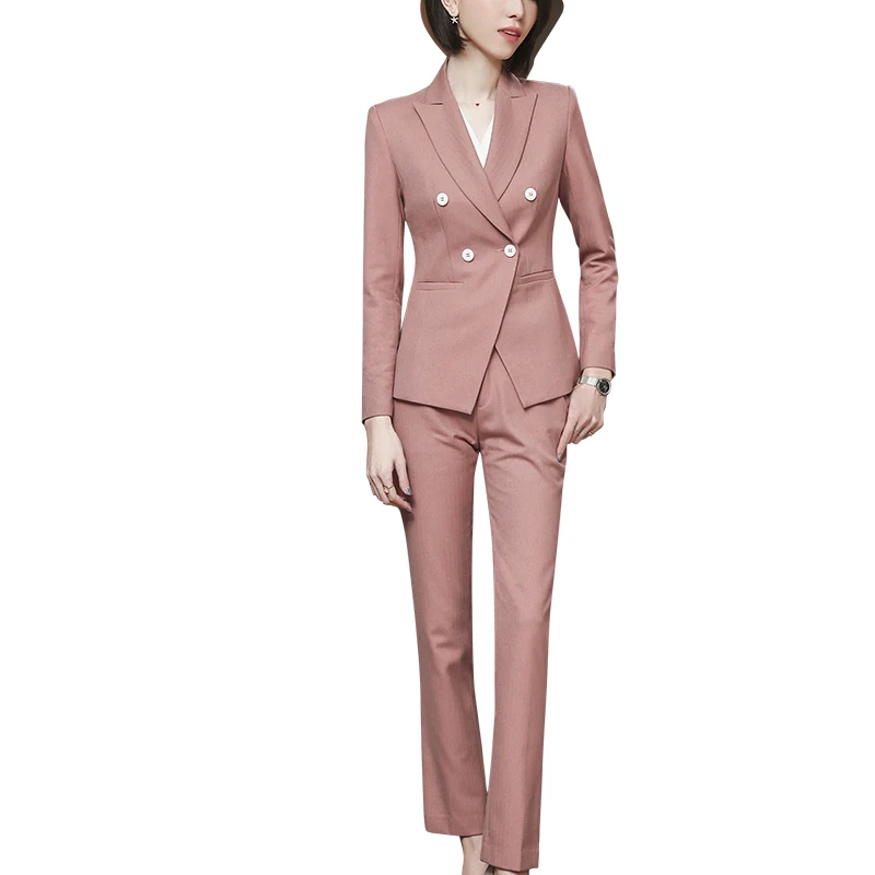 SUSIELADY женский брючный костюм, однотонный двубортный офисный женский костюм для работы, деловой Блейзер, пиджак и брюки - Цвет: Pink Pantsuits