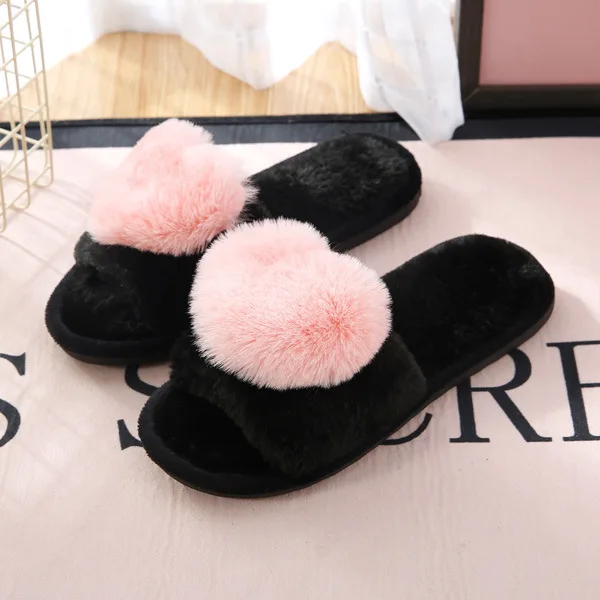 Женские домашние тапочки мягкая обувь на меху с сердечками модная теплая плюшевая обувь женская обувь без шнуровки на плоской подошве; женские шлепанцы; Цвет черный, розовый; большой размер 41 - Цвет: S