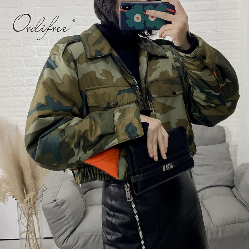 

Ordifree 2019 Autumn Women Parka Streetwear Fashion Winter Jacket Camouflage Print Female Short Parka