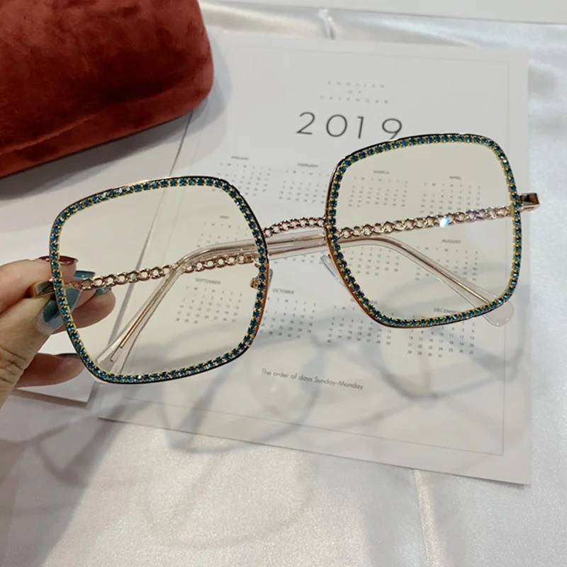pink purple Sunglasses Women Square Shades Oversized Sunglasses Vintage UV Female Diamond Sunglasses FML - Цвет линз: gold green