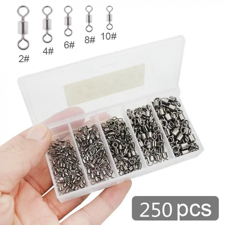 

Fishhook Connectors 250pcs Fishing Swivel Snap Hook Connector 2# 4# 6# 8# 10# 8 Shape Barrel Ball Bearing Solid Ring