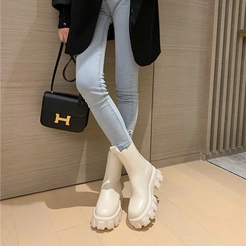COZOK New Woman Chunky Chelsea Boots Platform High Heel Black Beige Fashion Slip-on Autumn Winter Ankle Boots Ladies Short Shoes