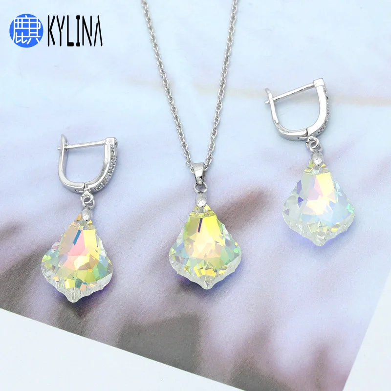 

KYLINA New Fashion Colorful Crystal Water Drop Dangle Earrings White Gold Jewelry Set For Women Girl Wedding Party Gift Eardrop