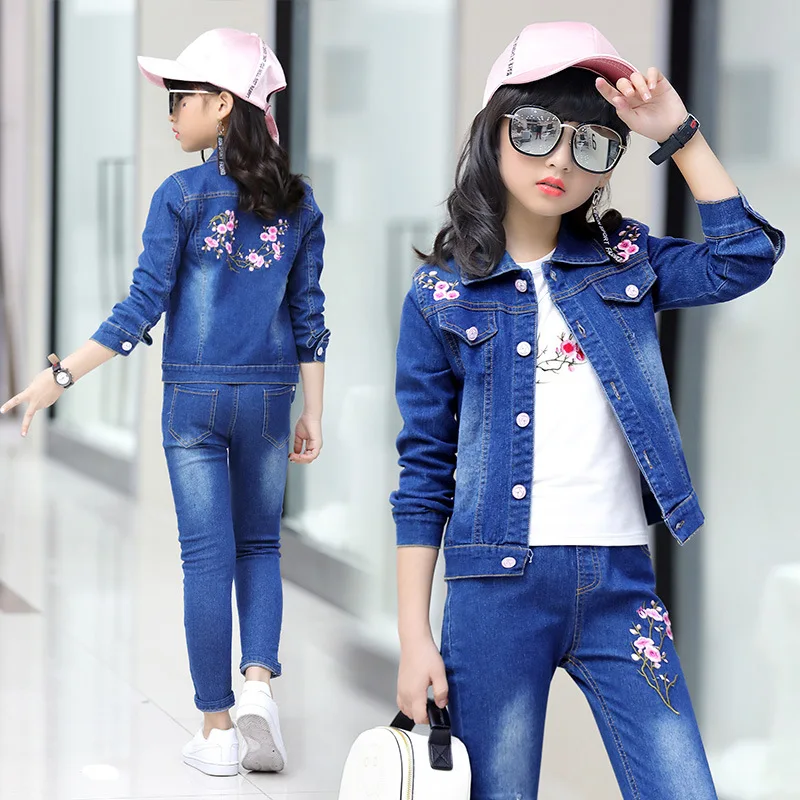 

Childrenswear 2019 Girls Spring Clothing New Style Big Boy Denim Suit Girls Korean-style Embroidered Plum Blossom Three-piece Se
