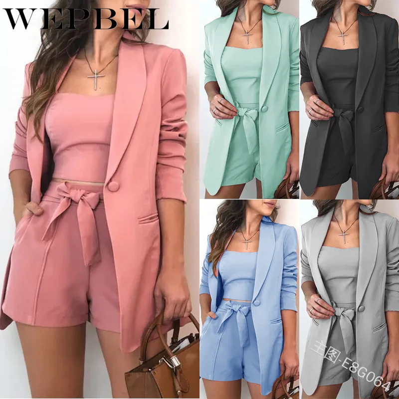

WEPBEL 3 Piece Set Summer Women Fashion Lace Up Shorts Slim Fit Bra Tops Long Sleeves Coat Loose Suit Jacket