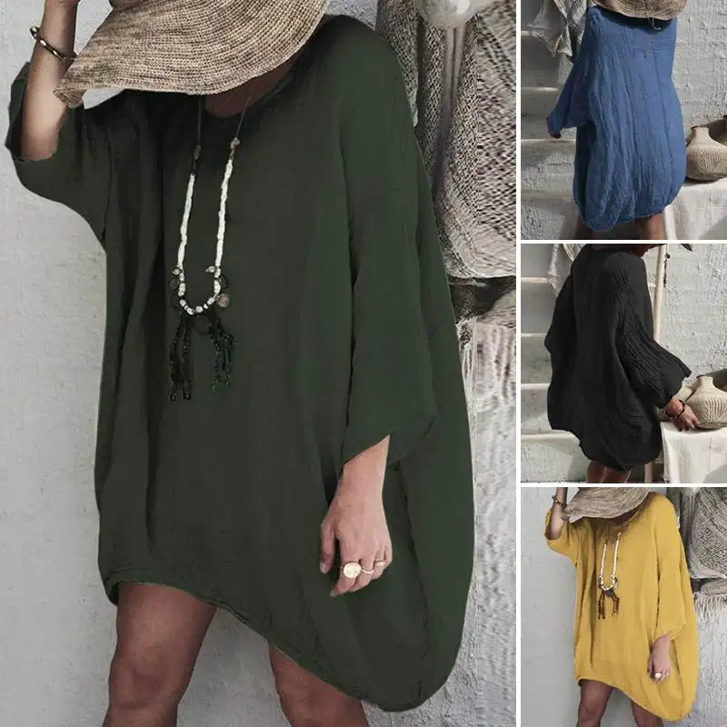 Повседневное мини-платье женские Сандерс ZANZEA Винтаж 3/4 рукав мешковатые Vestidos Женская длинная блуза большого размера с круглым вырезом Летняя туника