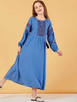 

Girls Soft Maxi Dress Flower Embroidery Long Sleeve Blue Dresses Muslim Girls Casual Dress