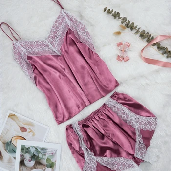 

Women's Sleepwear Sexy Satin Pajama Set White Lace V-Neck Pyjamas Sleeveless Cute Cami Top and Shorts Pijamas Summer