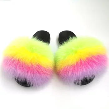

Multi Color Fury designer Rainbow Slippers Cute Plush Womens Sandals 2020 Real Big Fur Slide Shoes For Women