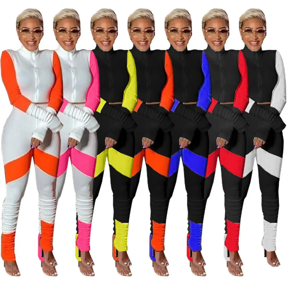 

Color Block Match 2 Piece Matching Set Woman Tracksuit Long Sleeve Ribbed Crop Top & Stretchy Stacked Pant Co-ord Outfits