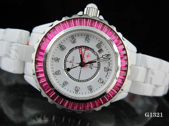 

New Men Women Famous Japan Quartz Black White Ceramic Date Diamonds Round Watch Pink Blue DIAMOND BAUGETTES BEZEL Lady Watches