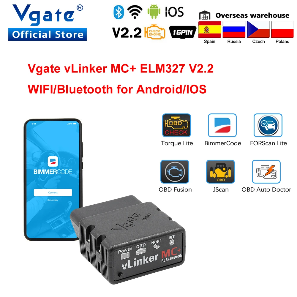 Vgate vLinker MC+ ELM327 wifi Car Scanner OBD2 Auto Bluetooth 4.0 Diagnostic Tool for Android/IOS ELM 327 OBD 2 ODB2 Bimmercode