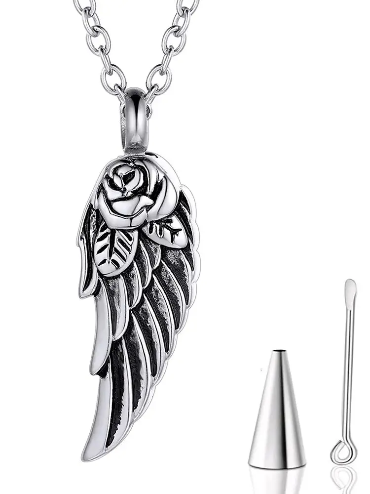 Single Angel Wing Cremation Urn Necklace for Cats Kitty Memorial