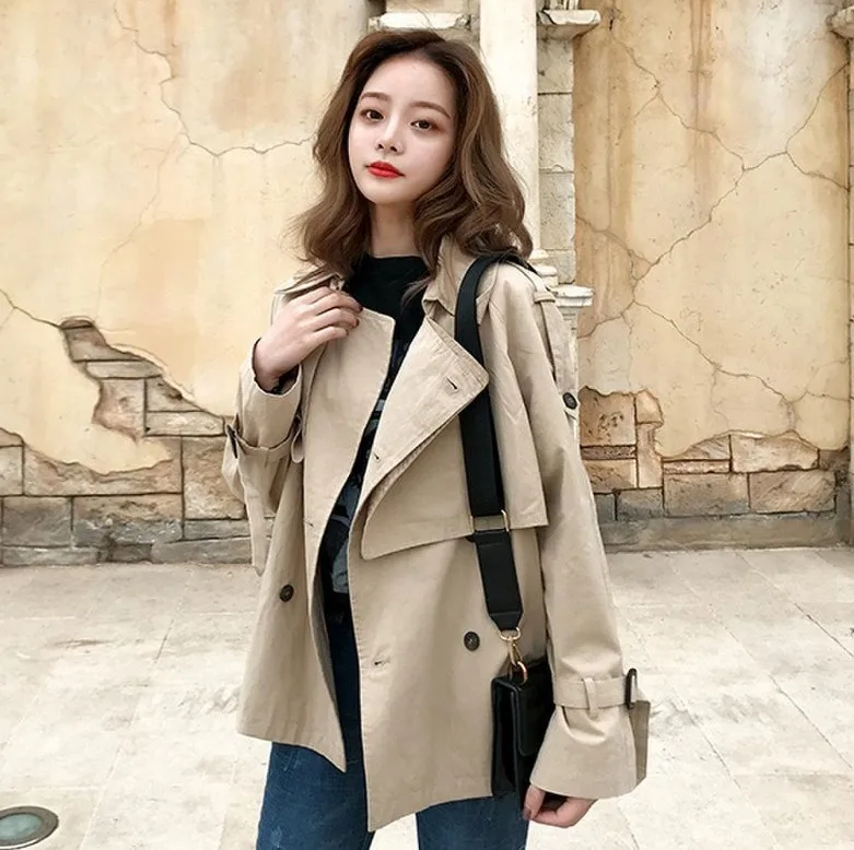

Autumn Winter Casual Loose Trench Coat Short Double Breasted Vintage Overcoats Windbreaker Outwear Chic Korean Style SA011S30