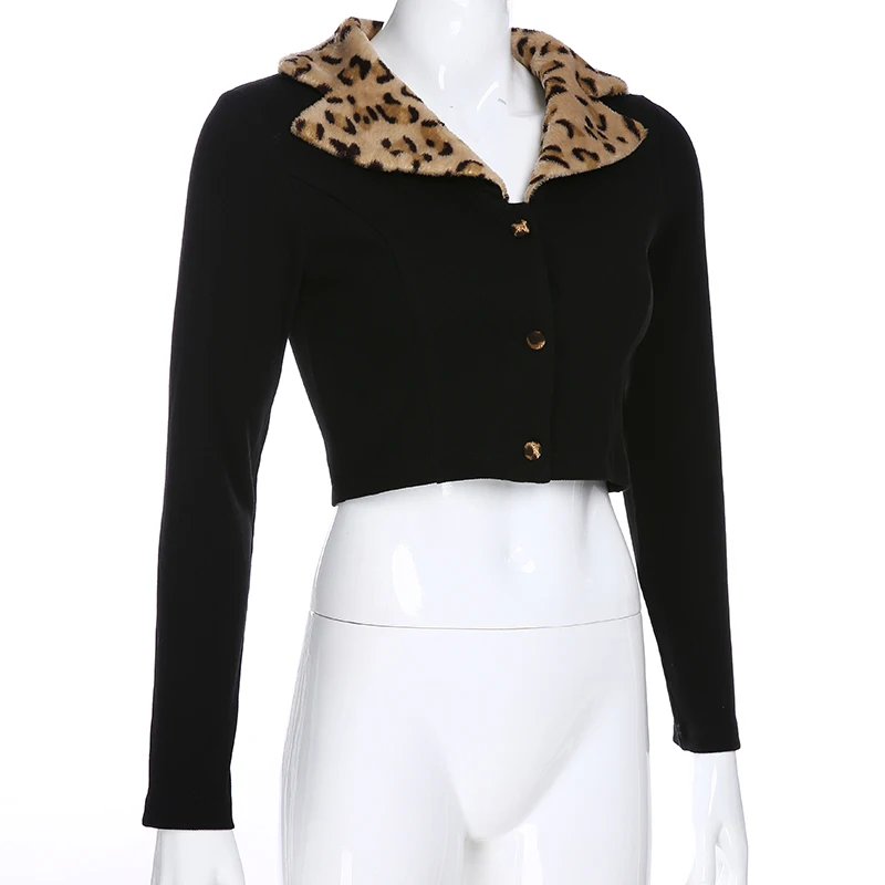 lower price  Sweetown Patchwork Leopard Fur Collar Autumn Jacket Women Black Long Sleeve Single-Breasted Womens 