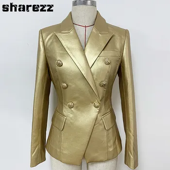 

Sharezz Autumn Winter 2020 New Designer Blazer Jacket Women's Golden Metal Buttons Double Breasted Synthetic Leather Blazer Tide