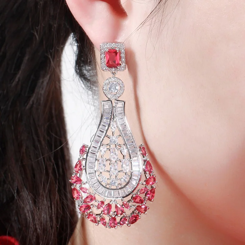 Pera Elegant Sparkling White Cubic Zirconia Large Long Geometry Drop Dangle Earrings for Ladies Party Earing Jewelry E578