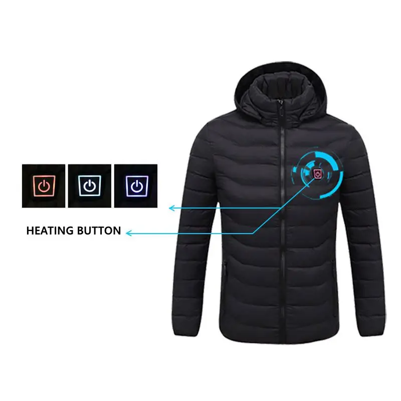 

2019 NWE Men Winter Warm USB Heating Jackets Smart Thermostat Pure Color Hooded Heated Clothing Waterproof Warm Jackets