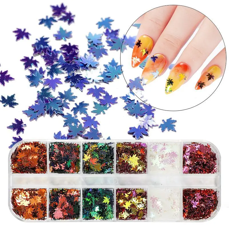 

1Box Maple leaves butterfly Leaves Nail Art Sequins Holographic Glitter Flakes Chameleon Stickers For Nails Autumn Design Decor