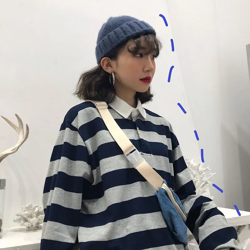 Женская Полосатая Футболка Vogue с длинным рукавом и отложным воротником Harajuku женские топы футболки рубашки на пуговицах Корейская повседневная женская футболка