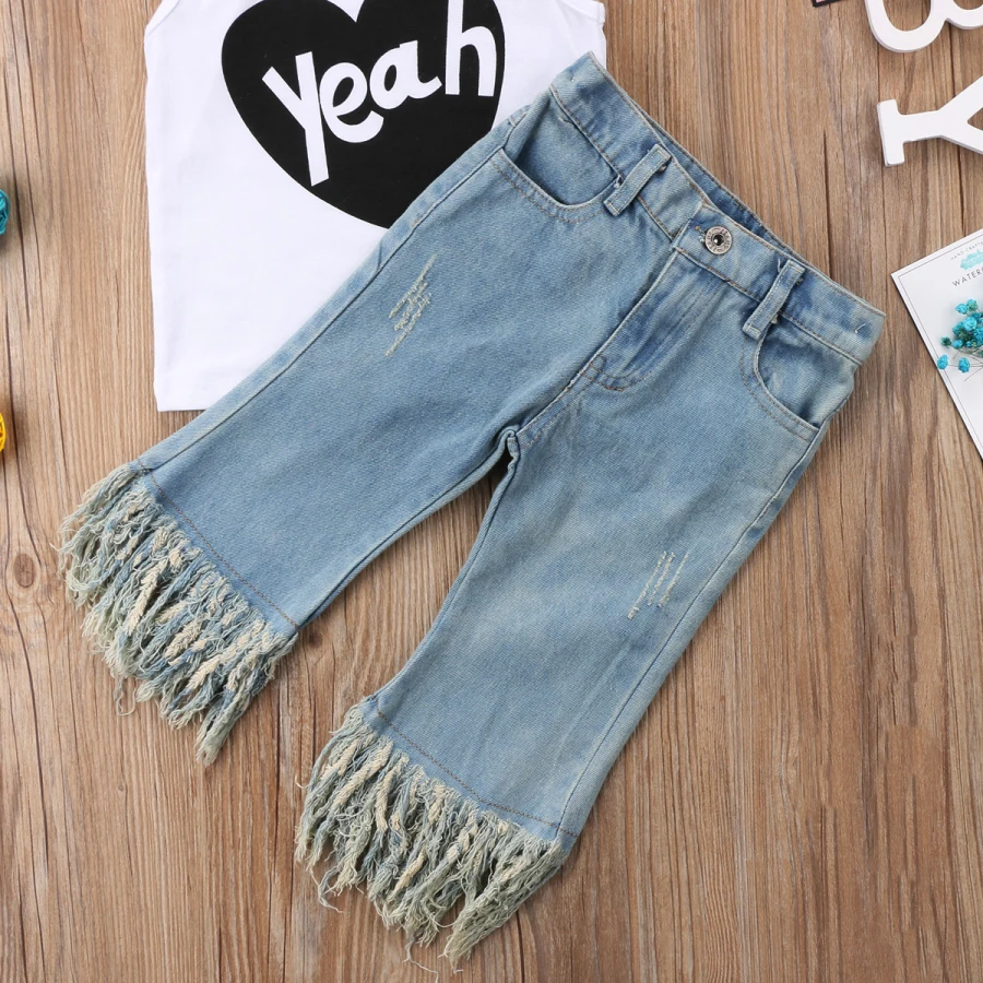 Fashion 2Pcs Kids Baby Bibs Girls Sleeveless Love Top Jeans Denim Long Tassel Pants Outfits Set Children Summer Clothes Set