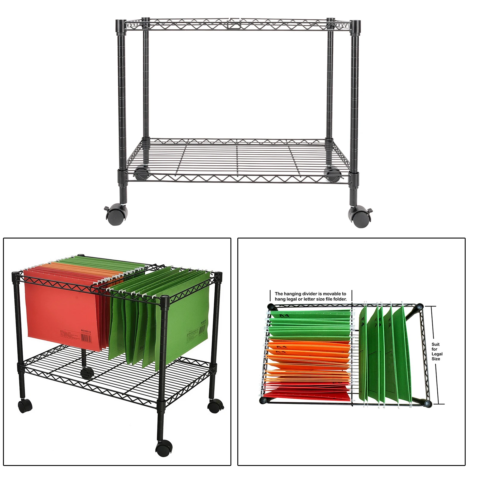 Two Tier Metal Rolling Mobile File Cart Home Office Storage Cart for