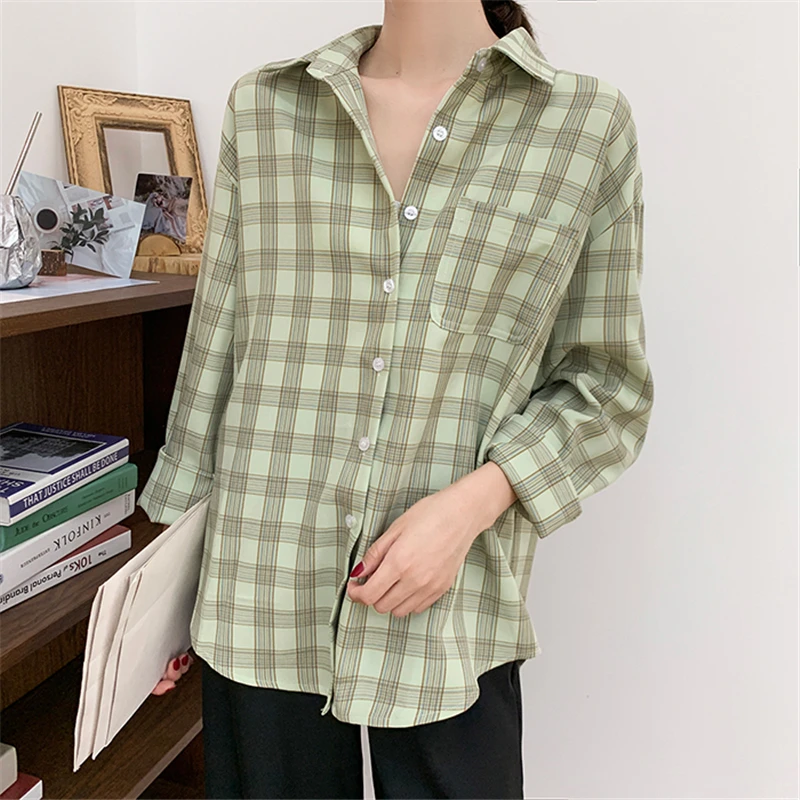 

Ladies Casual Womens Tops and Blouses Elegant plaid Long Sleeve Loose Shirt Chic dames kleding tunique femme fashion clothes