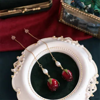 

E03-0025 Vintage Real Red Rose Flowder Shape Pearl Pendant Drop Earring Women Gilr Party Earring Jewelry New Year Gift
