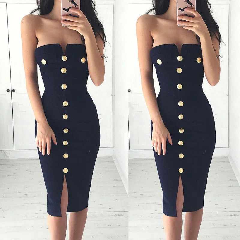 Stylish Womens Off-shoulder Slash-neck Strapless Button High-waist Bustier Sleeveless Slim Fit Dress Lady Party Ball Dress S-XL