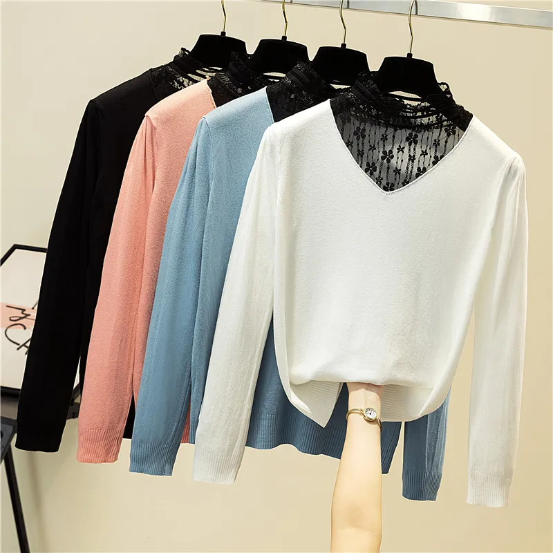

Women's Half High Neck Knit Lace Pullover Sweater 2020 Autumn Winter Solid Color Loose Casual Jumper Pull Femme