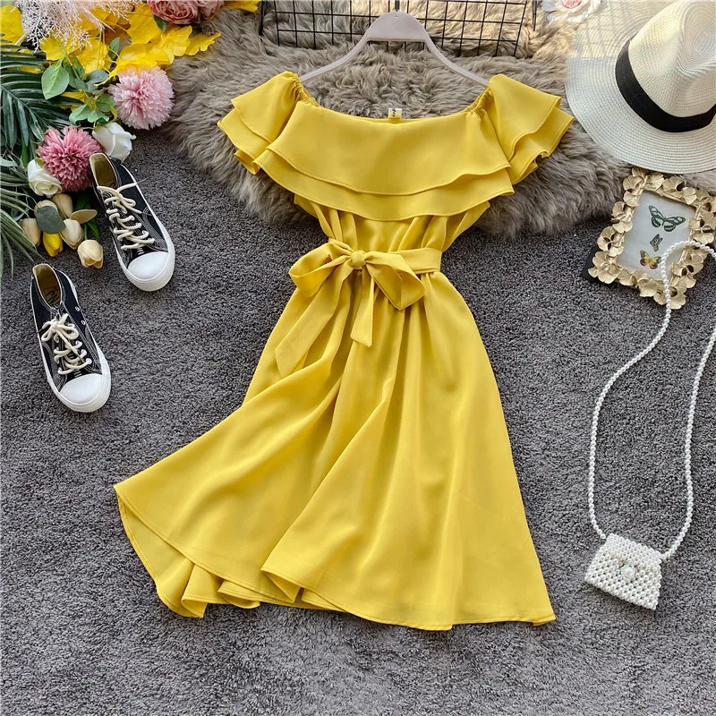 SINGRAIN Summer Women Off Shoulder Dress Bohemian Romantic Ruffle Sundress Party Holiday A-Line Retro Solid Chiffon Beach Dress