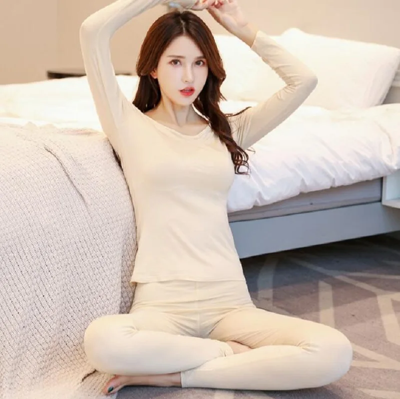 skin Для похудения Сексуальное нижнее белье костюм 2 шт./компл. Long Johns женские бесшовное нижнее белье, Для женщин никаких следов, топы, длинные штаны, женская пижама, комплект - Цвет: skin