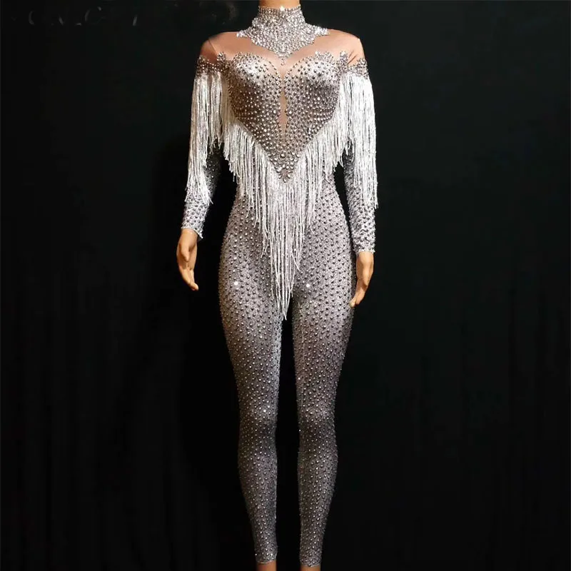Women-Silver-Rhinestones-Nude-Stretch-Jumpsuit-Sexy-Fringes-Dance-Bodysuit-Performance-Party-Celebrate-Stage-Show-Dance