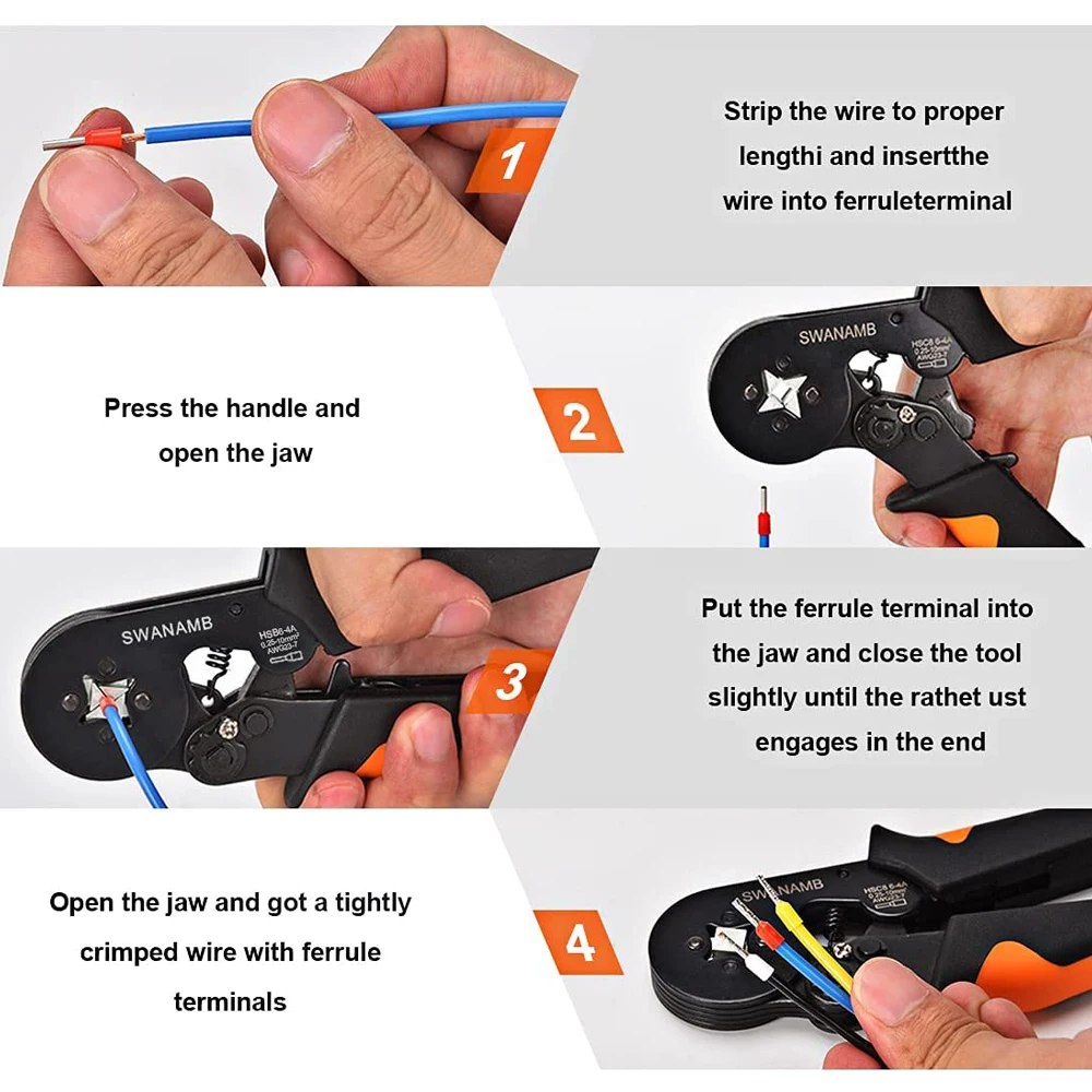 HSC8 6-4A ferrule Crimping Pliers 0.25-10MM² wire crimper tool Wire Stripper Hand Ferrule Crimp set Plier KIT With1200 Terminals 6